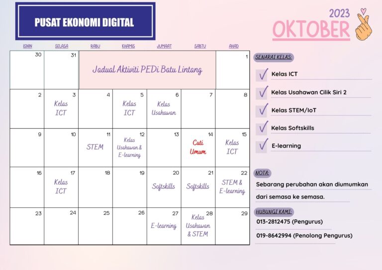 Jadual Aktiviti Bulan Oktober 2023