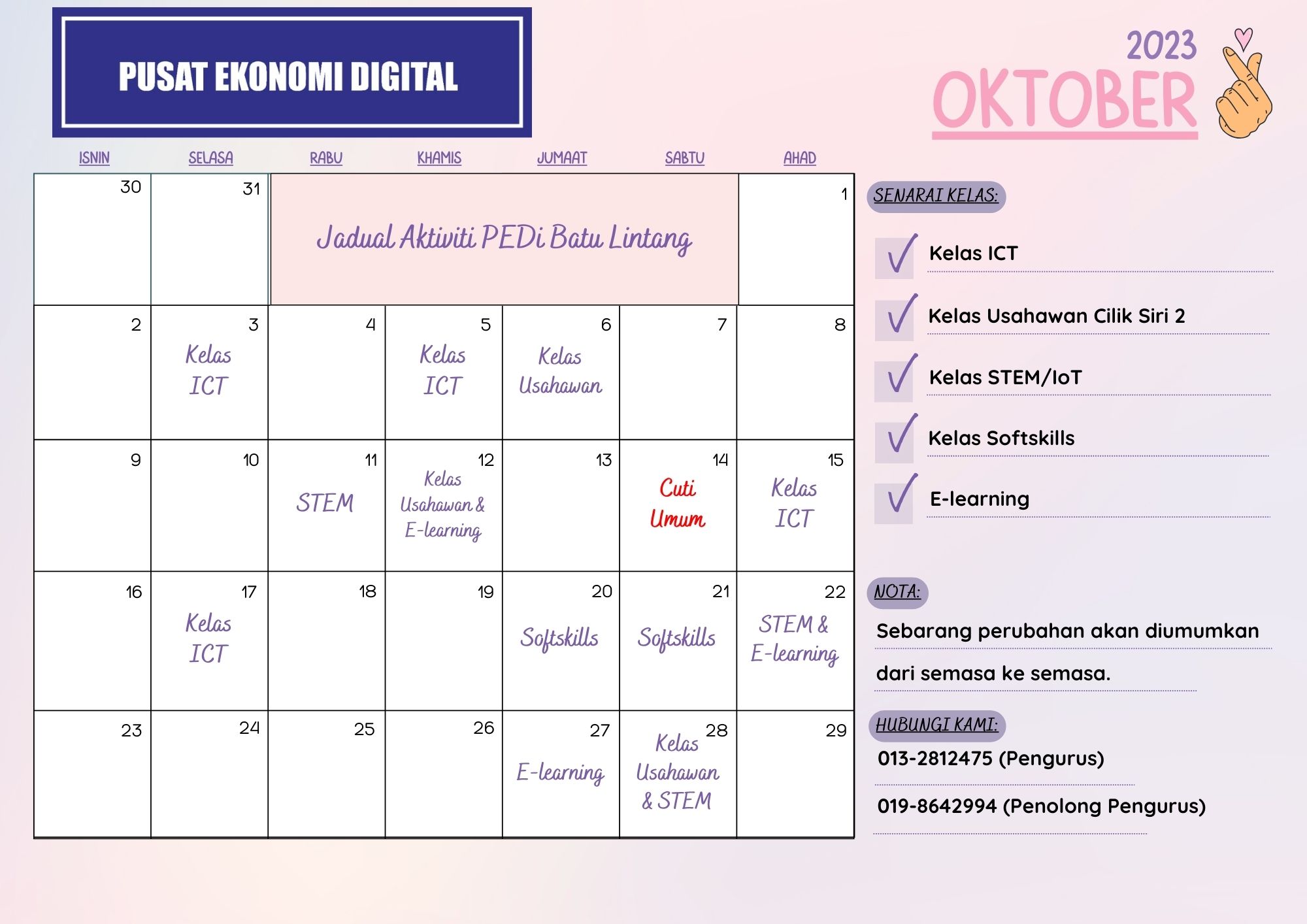Jadual Aktiviti Bulan Oktober 2023